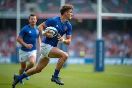Jeune joueur du XV de France U20 en plein effort lors d'un match de Coupe du monde de rugby